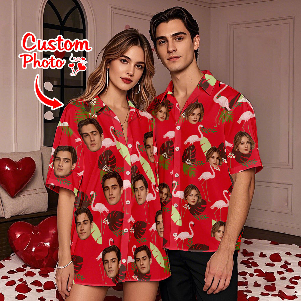 Camisa Hawaiana Con Cara De Flamenco Personalizada, Camisa Para Pareja, Regalo De San Valentín Para Pareja - MyFaceSocksES
