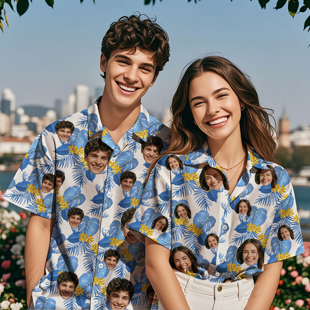 Camisa Hawaiana Personalizada Con Hojas Tropicales, Regalo De Cumpleaños, Flores Amarillas, Camisa Hawaiana Azul.