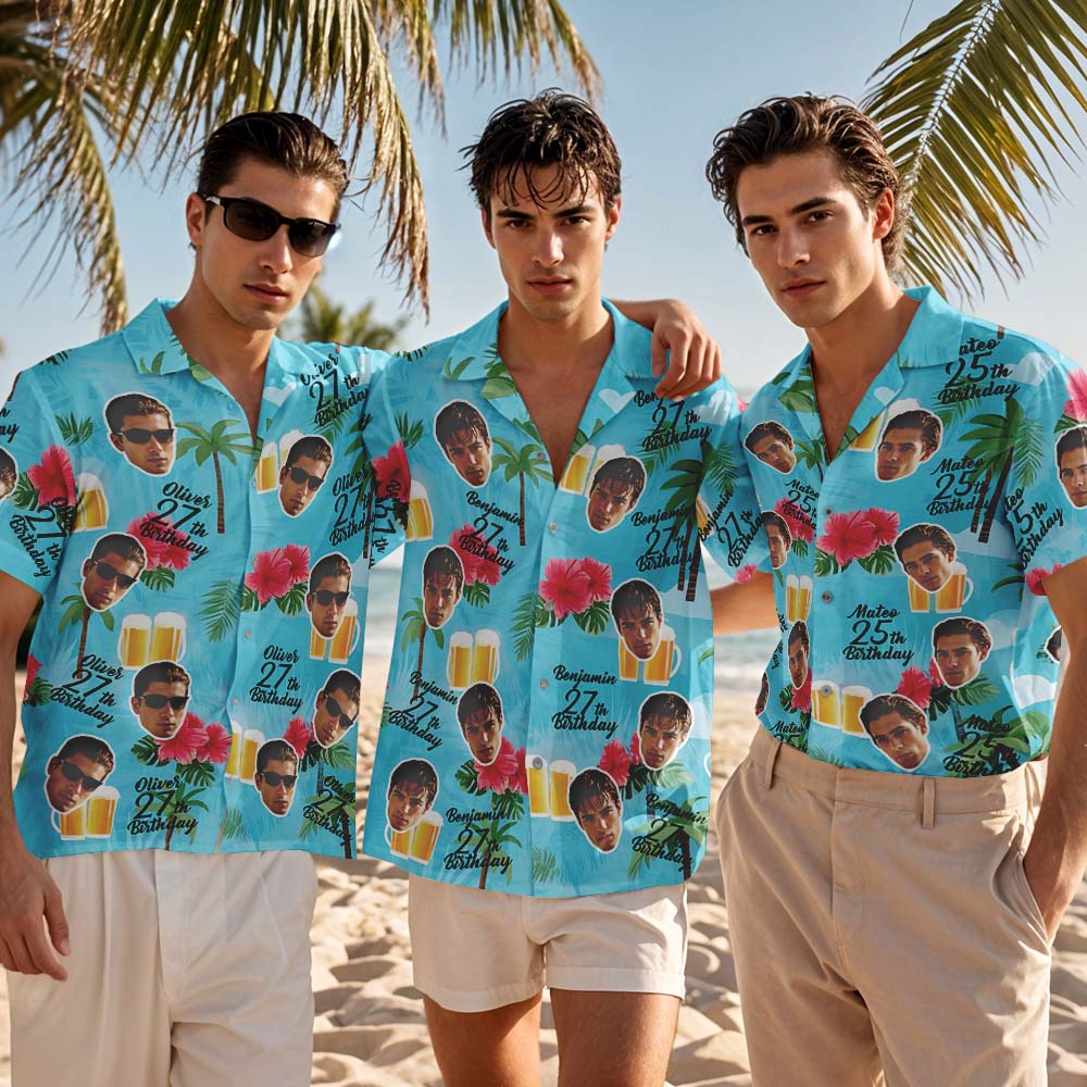 Camisa Hawaiana De Cumpleaños Personalizada, Camisa Azul Con Nombre De Cara Personalizado Para Fiesta De Cumpleaños De Verano, Camisa Hawaiana De Cumpleaños Aloha, Regalo De Cumpleaños
