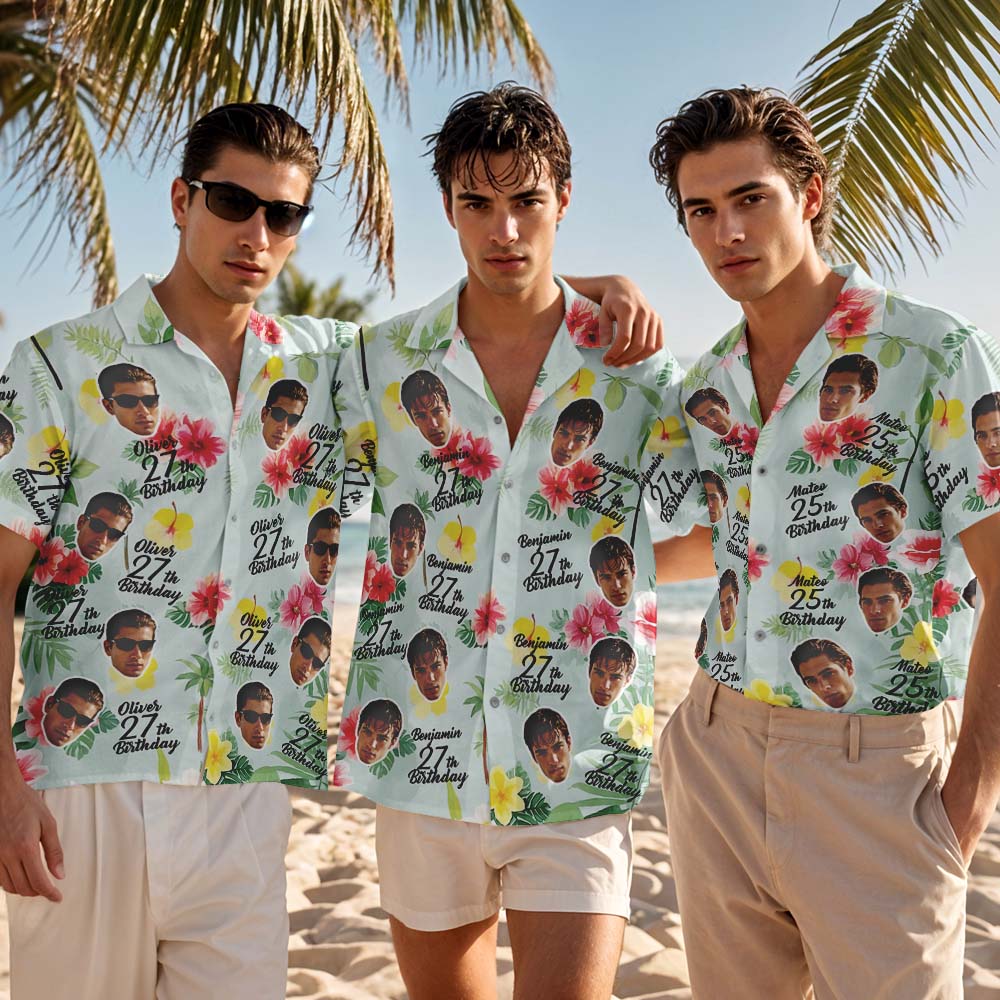 Camisa Hawaiana De Cumpleaños Personalizada, Camisa Verde Con Nombre De Cara Personalizado Para Fiesta De Cumpleaños De Verano, Camisa Hawaiana De Cumpleaños Aloha, Regalo De Cumpleaños