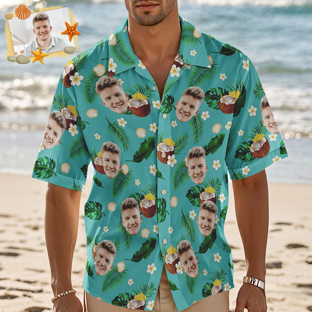 Camisa Hawaiana Personalizada Con Cara De Coco Verde. Regalos Tropicales Para Fiestas. - MyFaceSocksES