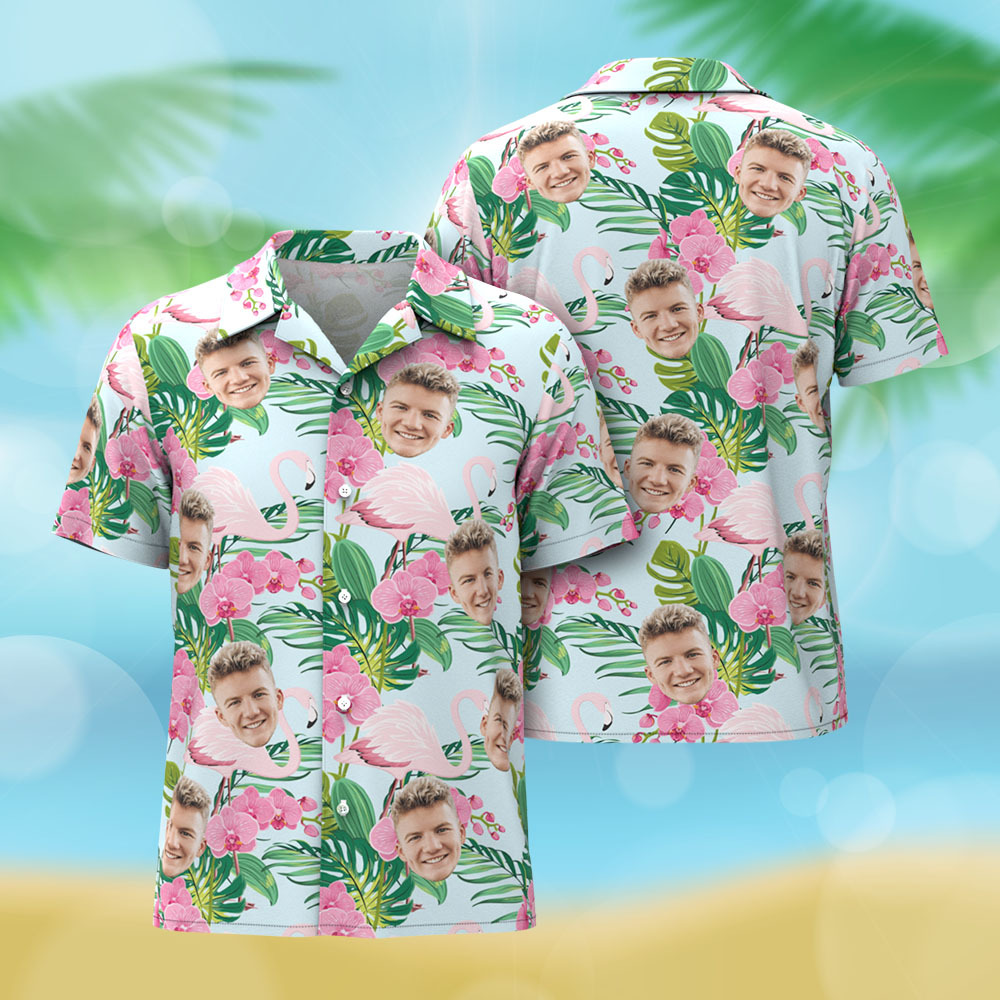 Camisa Hawaiana Con Cara Personalizada, Camisa Hawaiana Personalizada Con Flamenco Rosa, Regalos Tropicales Para Fiestas. - MyFaceSocksES