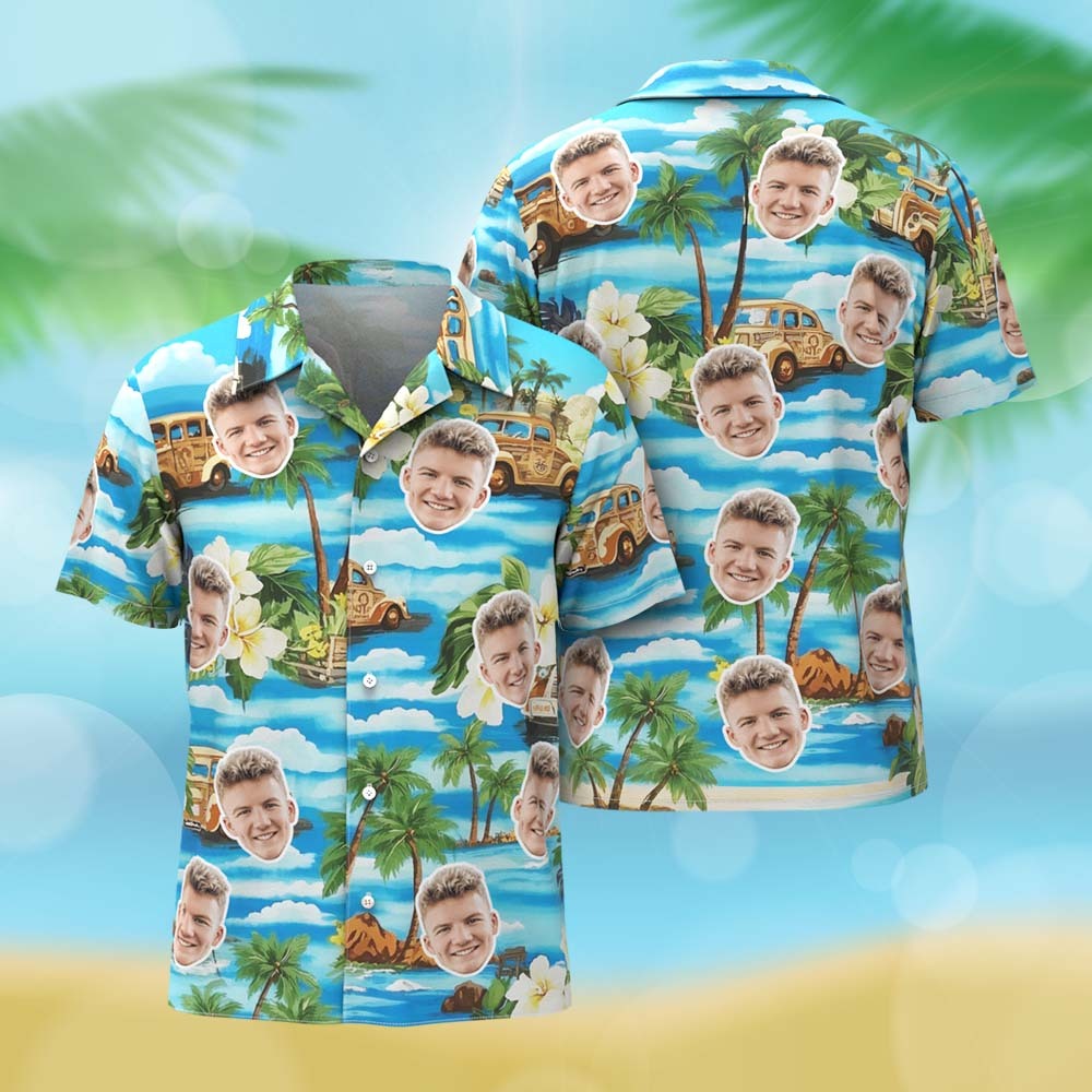 Mujeres Personalizadas Azul Vintage Playa Cara Camisa Hawaiana Cara Pareja Camisa Regalo De Aniversario Para Pareja - MyFaceSocksES