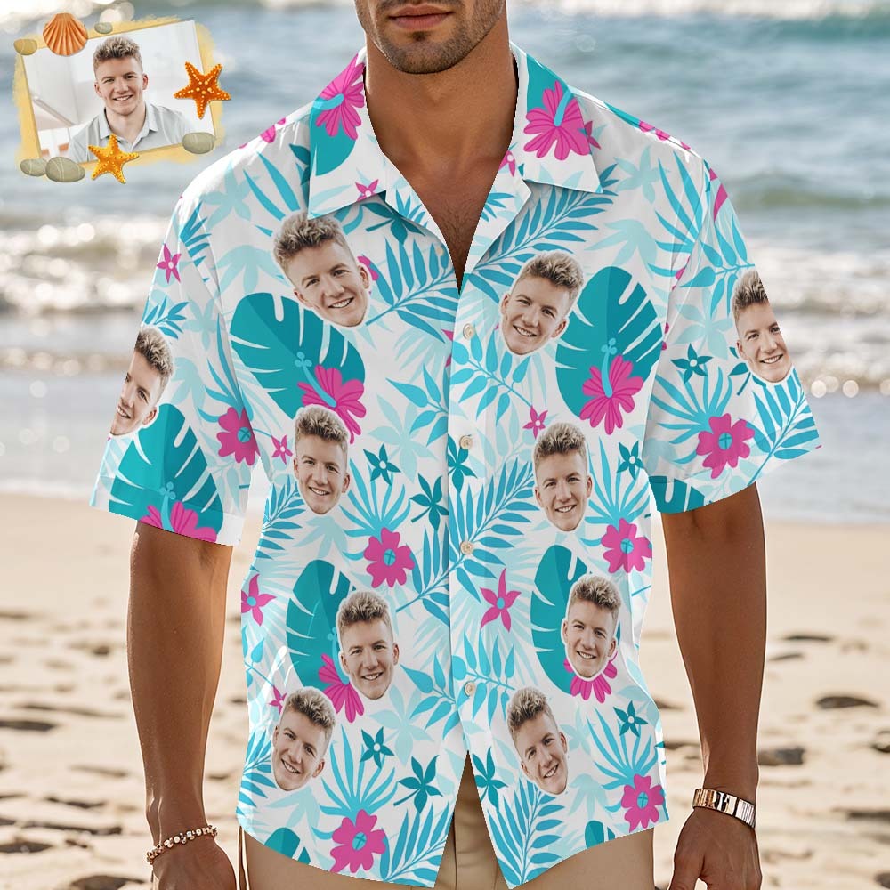 Camisa Hawaiana Personalizada Con Cara De Hoja Azul Fresca. Regalos Tropicales Para Fiestas. - MyFaceSocksES