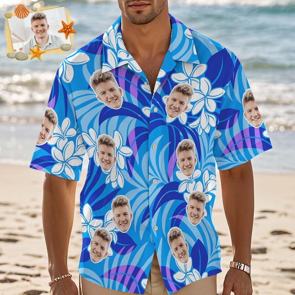 Camisa Hawaiana Con Cara Personalizada, Camisa Hawaiana Personalizada Con Flores Azules, Regalos Tropicales Para Fiestas. - MyFaceSocksES