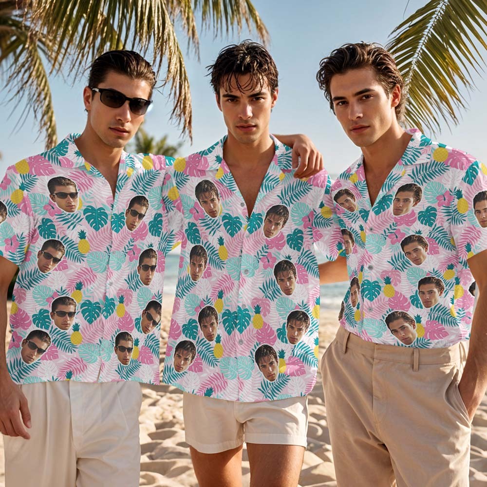 Camisa Hawaiana Con Cara Personalizada, Camisa Hawaiana Con Flor Rosa Personalizada, Regalos Tropicales Para Fiestas. - MyFaceSocksES