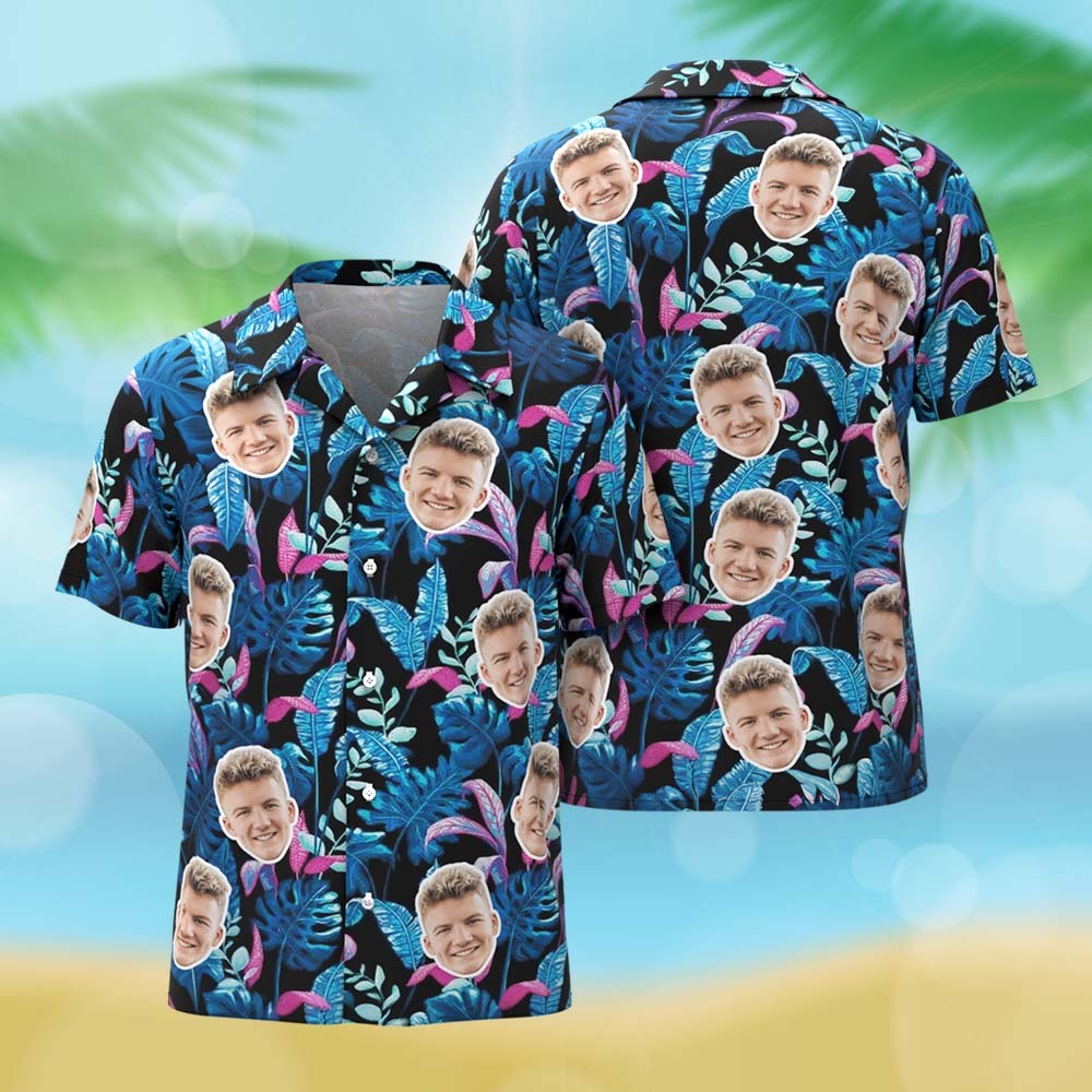 Camisa Hawaiana Verde Con Foto Personalizada, Hojas De Palma Y Flores Rosas. Regalo Tropical Personalizado. - MyFaceSocksES