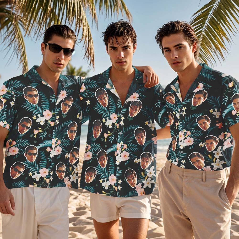 Camisa Hawaiana Verde Con Foto Personalizada, Hojas De Palma Y Flores Rosas. Regalo Tropical Personalizado. - MyFaceSocksES