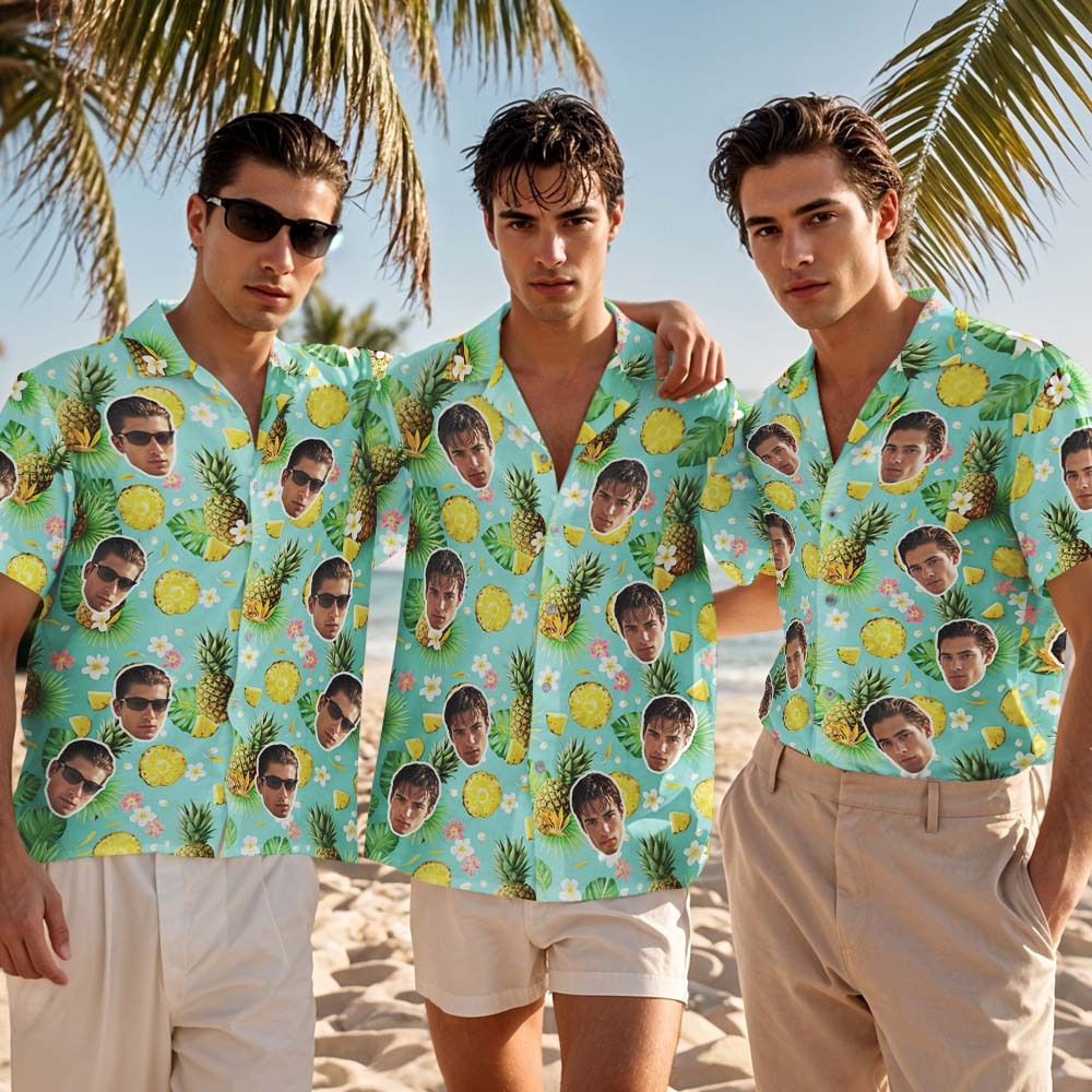 Camisa Hawaiana Personalizada, Camisa Verde Piña, Camisa Hawaiana Con Foto Personalizada, Camisas Divertidas Para Fiestas De Vacaciones - MyFaceSocksES
