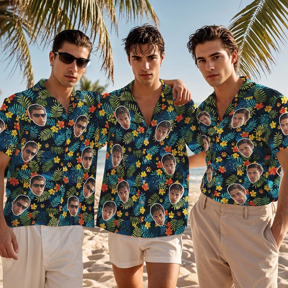 Camisa Hawaiana Personalizada Con Estampado Floral De Hojas De Palma Verde, Camisa Hawaiana Con Foto Personalizada, Camisas Divertidas Para Fiestas De Vacaciones - MyFaceSocksES