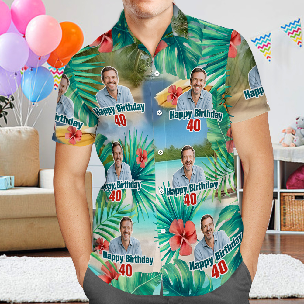 Camisa Hawaiana De Cumpleaños Con Tu Propia Cara Personalizada, Camisa Personalizada Con Fecha Y Nombre, Cerveza, Flor Y Palmera, 5 Estilos - MyFaceSocksES