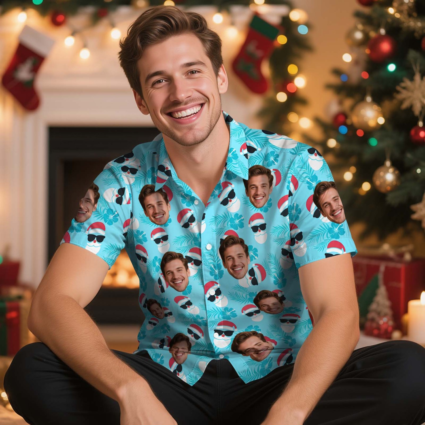Camiseta Navideña Personalizada Con Cara, Flamencos Navideños, Camiseta Hawaiana Navideña, Regalo De Navidad Para Familiares Y Amigos, Camiseta Hawaiana Personalizada Con Cara - MyFaceSocksES