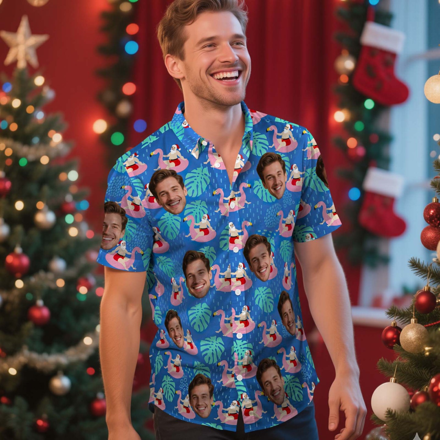 Camiseta Navideña Personalizada Con Cara, Flamencos Navideños, Camiseta Hawaiana Navideña, Regalo De Navidad Para Familiares Y Amigos, Camiseta Hawaiana Personalizada Con Cara - MyFaceSocksES