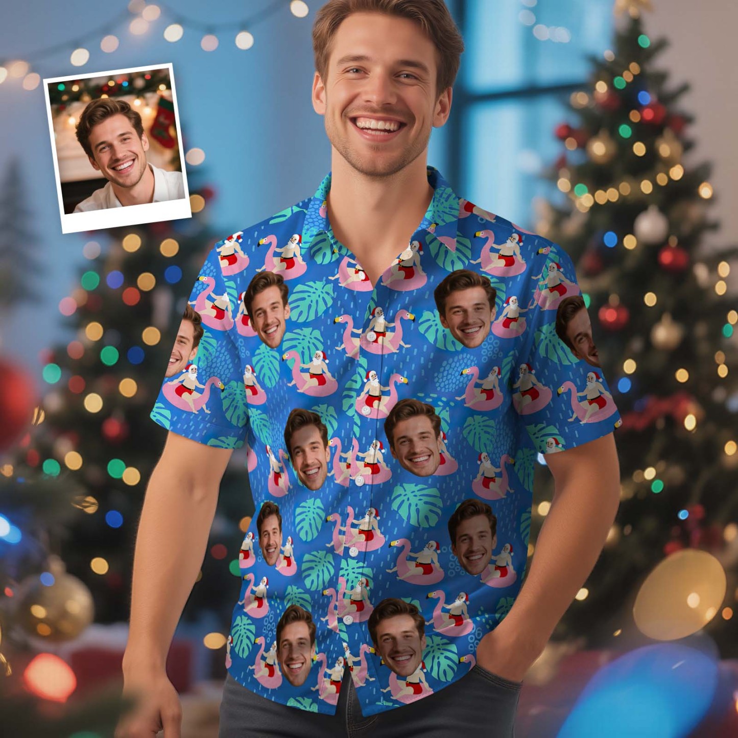 Camiseta Navideña Personalizada Con Cara, Flamencos Navideños, Camiseta Hawaiana Navideña, Regalo De Navidad Para Familiares Y Amigos, Camiseta Hawaiana Personalizada Con Cara - MyFaceSocksES
