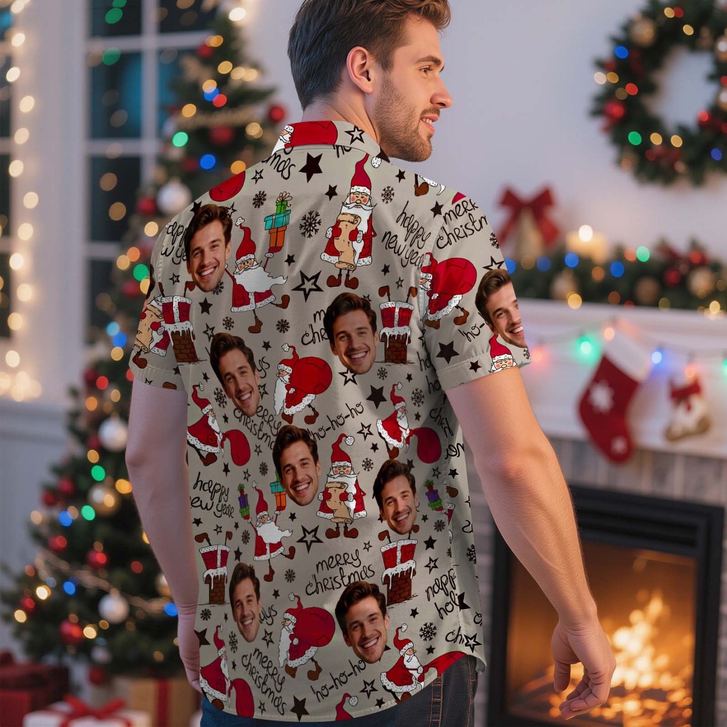 Camiseta Navideña Personalizada Con Cara, Flamencos Navideños, Camiseta Hawaiana Navideña, Regalo De Navidad Para Familiares Y Amigos, Camiseta Hawaiana Personalizada Con Cara - MyFaceSocksES