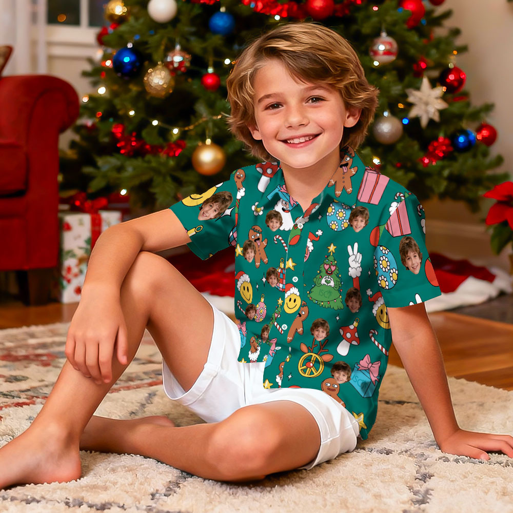 Camisa Hawaiana Personalizada Con Luz Navideña Divertida Para Niños, Camisa Hawaiana Personalizada Con Cara, Camisa Hawaiana Con Foto Personalizada Para Niños, Regalo - MyFaceSocksES