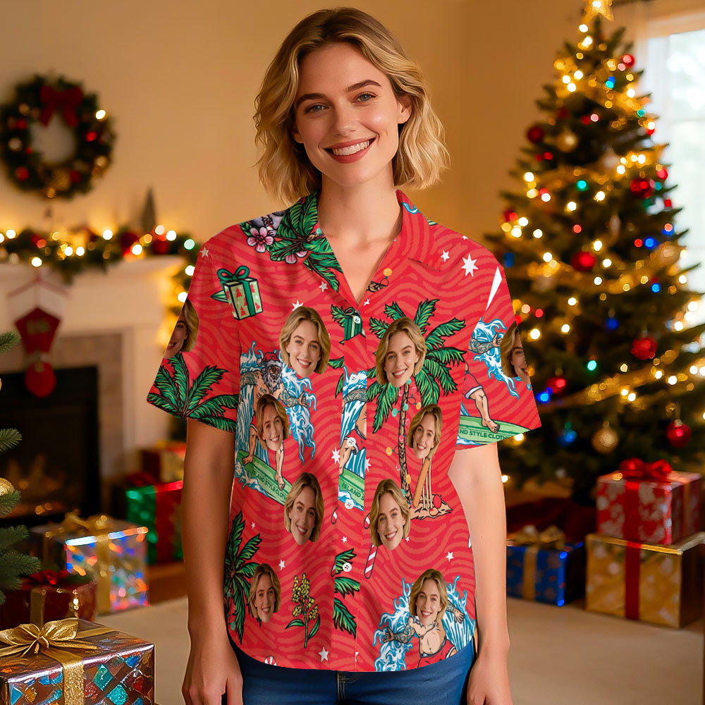 Camisa Hawaiana Personalizada Con Foto De Mujer, Divertida Camisa Hawaiana Con Luces Navideñas Y Cara De Copa De Vino, Regalo Navideño - MyFaceSocksES