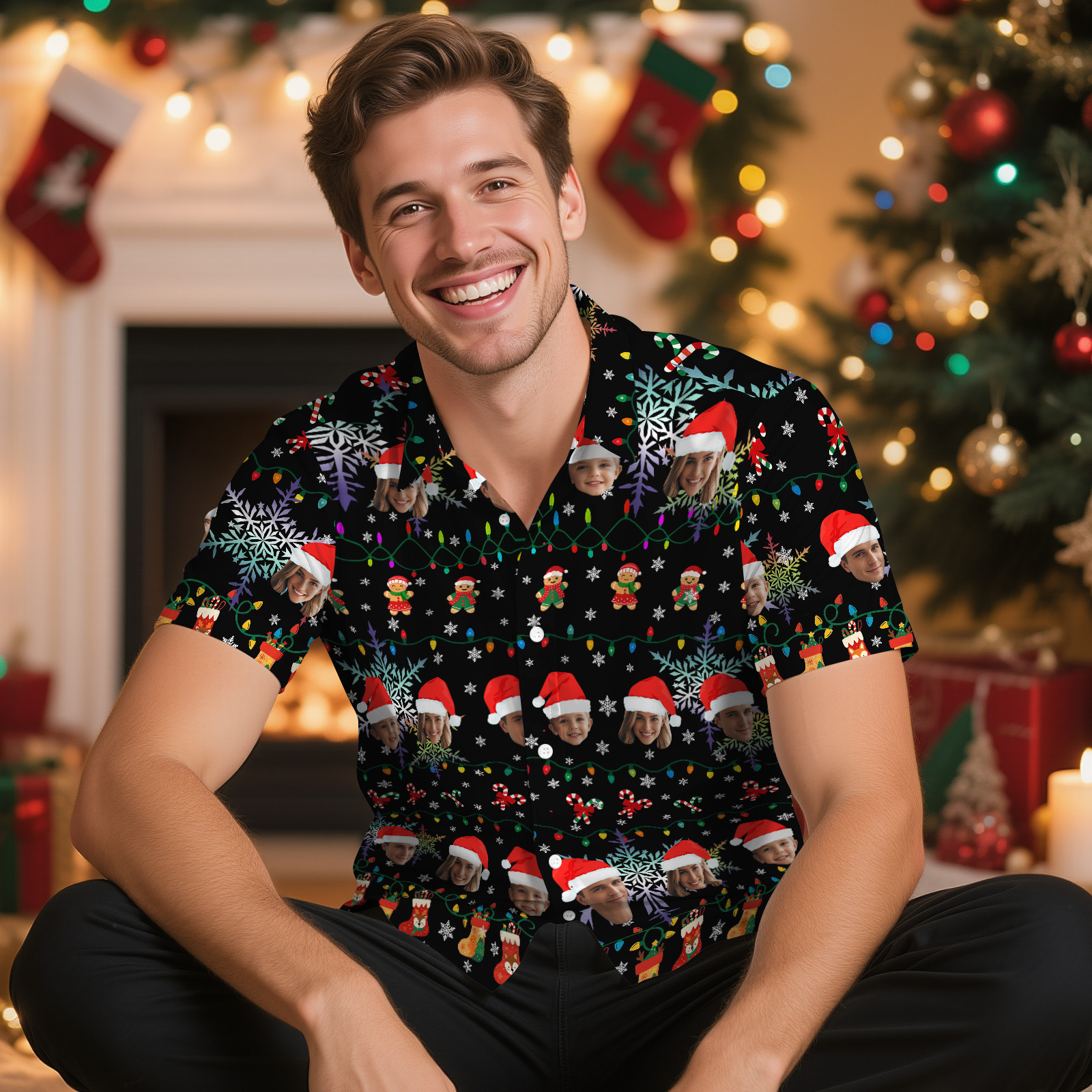 Camiseta Navideña Personalizada Con Foto De Papá Noel, Gorro De Papá Noel, Camisa Hawaiana Navideña. Regalo Para Familiares Y Amigos.