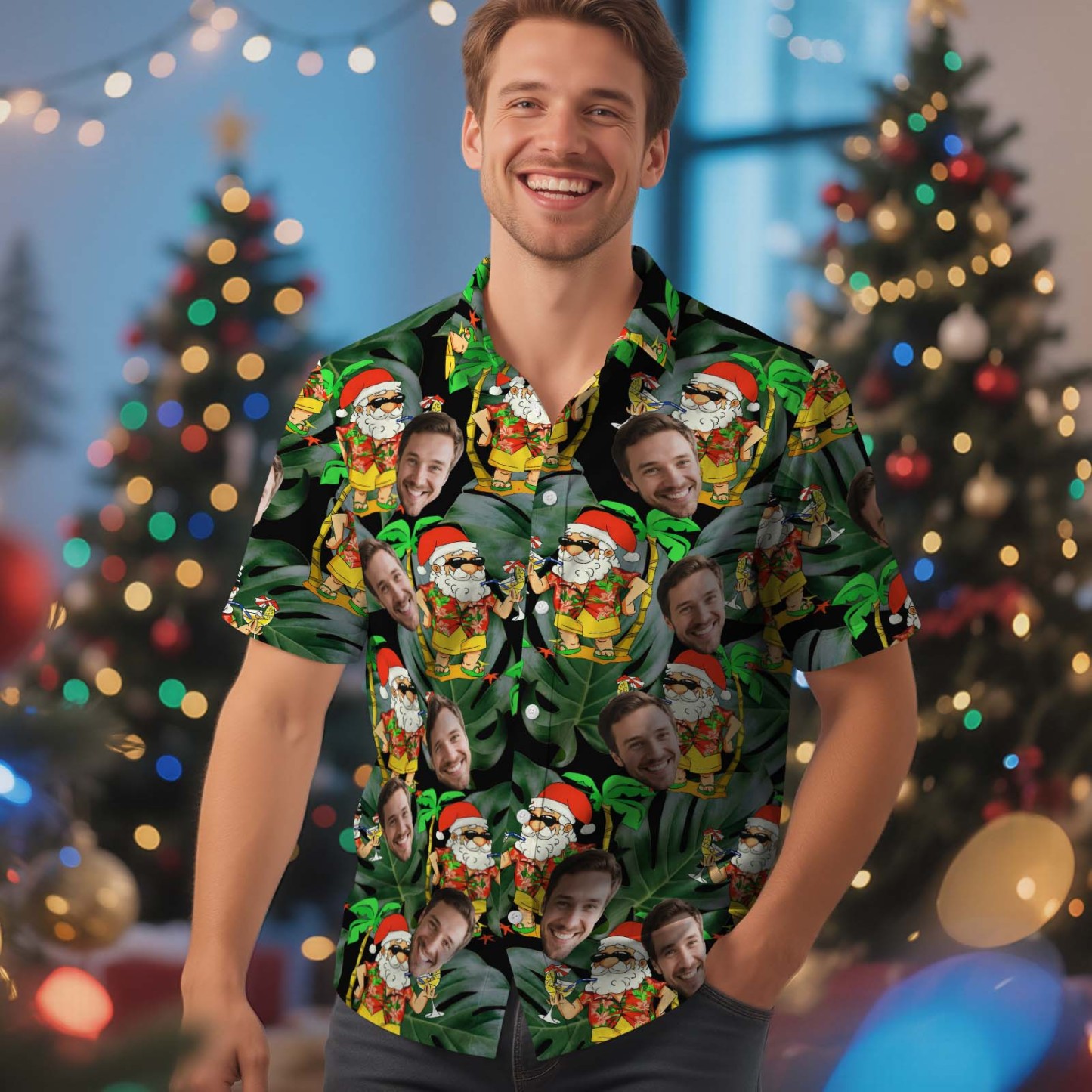 Camisa Hawaiana Azul Personalizada Con Foto De Papá Noel Para Hombre, Regalo De Cumpleaños Y Navidad. - MyFaceSocksES