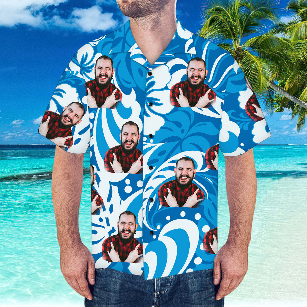 Camisa Hawaiana Personalizada Con Patrón De Hojas Y Flores De Cara De Novio Camisa Hawaiana - MyFaceSocksES