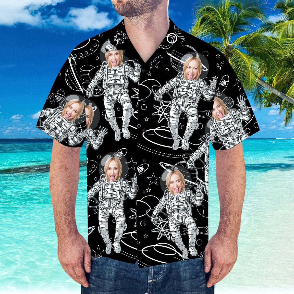 Camisa Hawaiana De Cara Personalizada Camisa Hawaiana Personalizada Camisa De Manga Corta Con Patrón Espacial - MyFaceSocksES