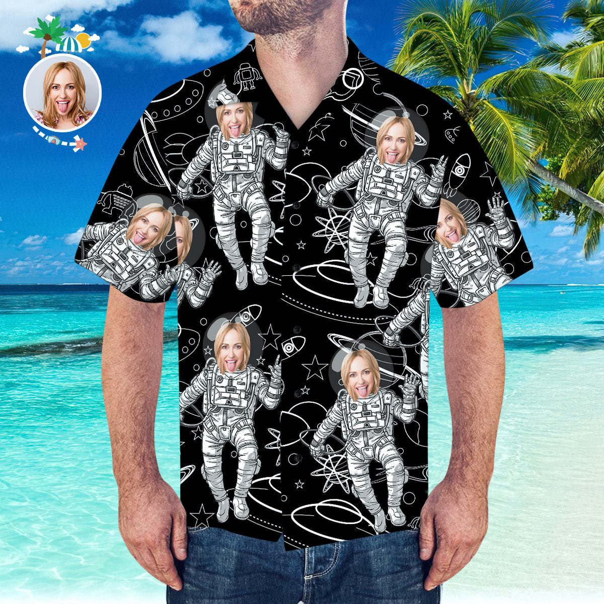 Camisa Hawaiana De Cara Personalizada Camisa Hawaiana Personalizada Camisa De Manga Corta Con Patrón Espacial - MyFaceSocksES