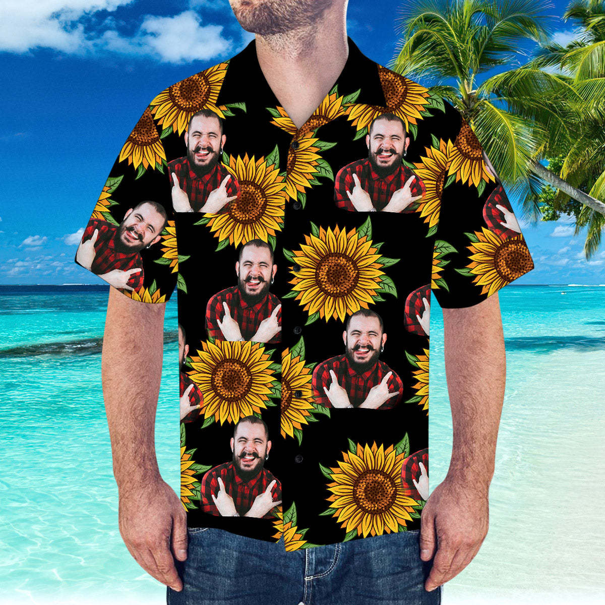Camisa Hawaiana Personalizada Con Camisa De Girasol Y Hojas De Cara De Esposo Para Fiesta En La Playa - MyFaceSocksES
