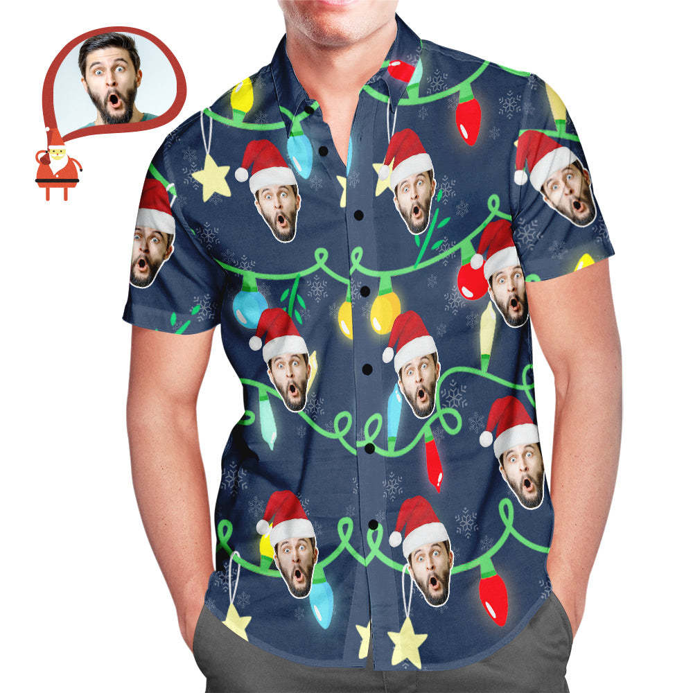 Camisa Hawaiana Con Estampado De Luces De Navidad Para Hombre Con Cara Personalizada, Regalo De Navidad - MyFaceSocksES