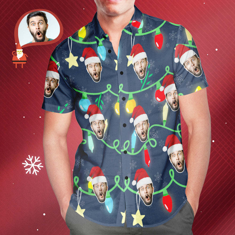 Camisa Hawaiana Con Estampado De Luces De Navidad Para Hombre Con Cara Personalizada, Regalo De Navidad - MyFaceSocksES