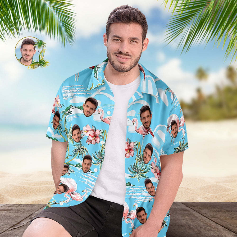 Camisa Hawaiana Con Cara Personalizada, Camisa Aloha Con Estampado Integral Para Hombre, Regalo: Flamencos Rosados y Flores - MyFaceSocksES