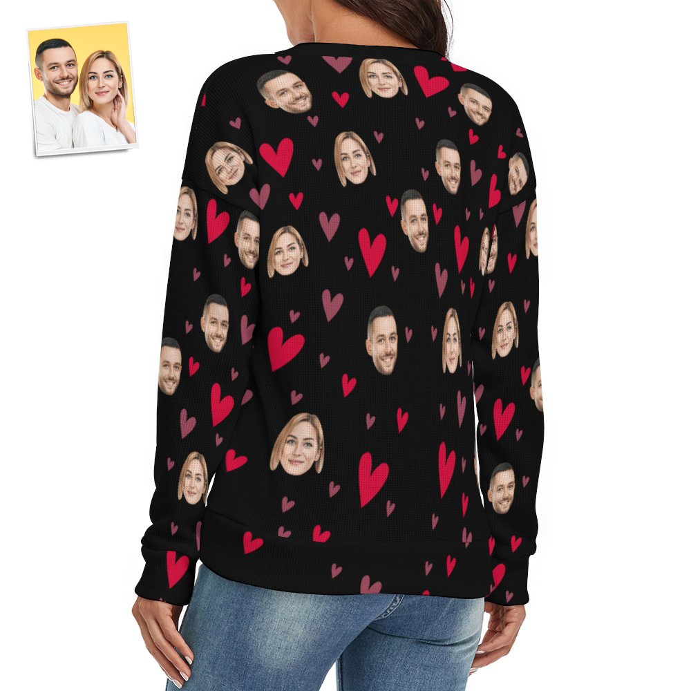 Suéter Con Cuello En V De Cara Personalizada Para Mujer Con Tema De Pareja De Corazón Pequeño Spandex Cómodo - MyFaceSocksES