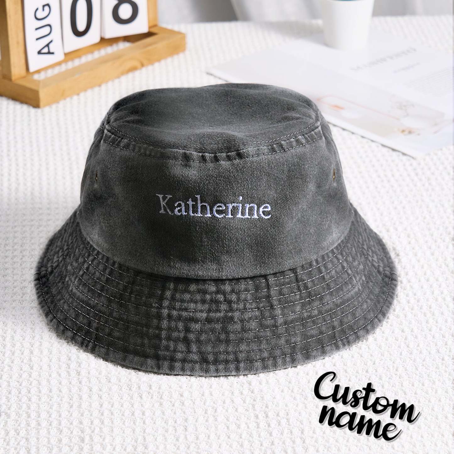 Sombrero De Cubo De Mezclilla Personalizado Nombre Personalizado Diseño De Bordado Regalo Para Amigos - MyFaceSocksES