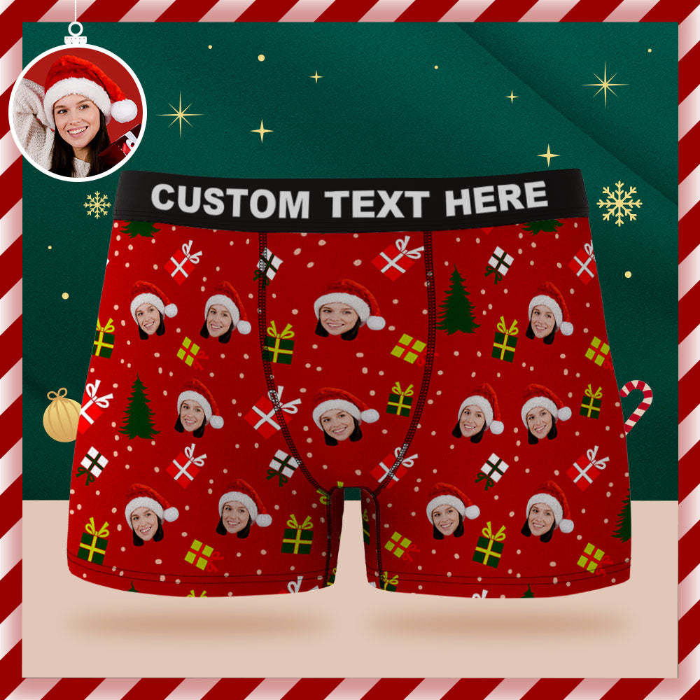 Calzoncillos Tipo Bóxer Con Cara Personalizada, Ropa Interior Verde Personalizada, Árbol De Navidad Y Regalos, Feliz Navidad Para Él - MyFaceSocksES