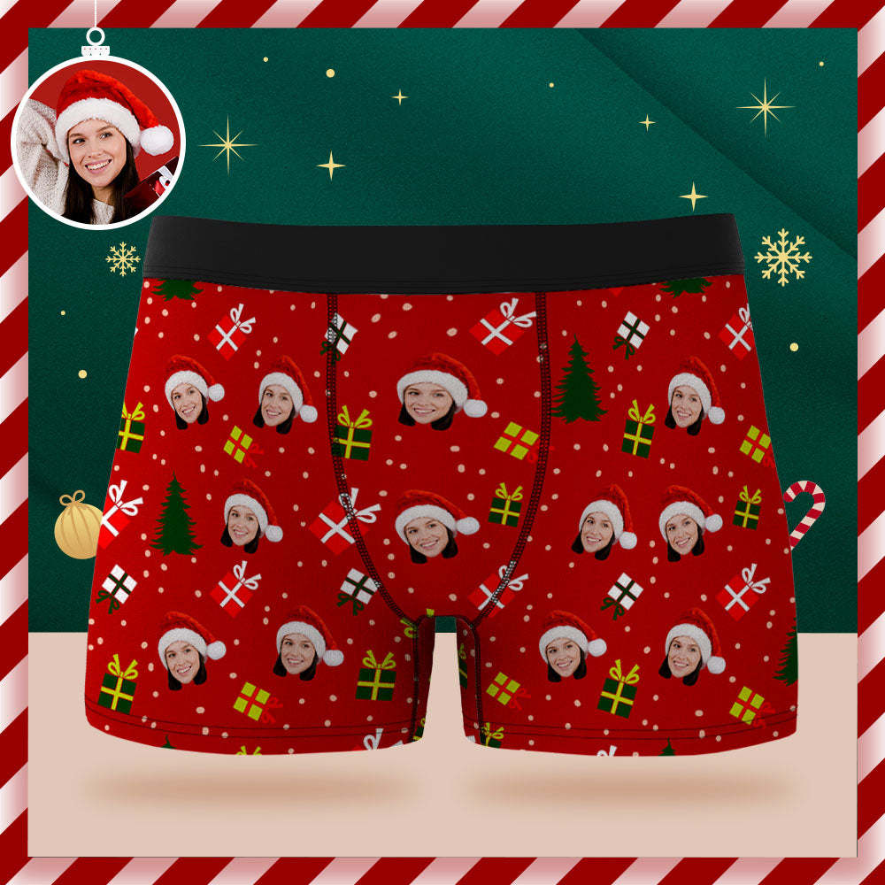 Calzoncillos Tipo Bóxer Con Cara Personalizada, Ropa Interior Verde Personalizada, Árbol De Navidad Y Regalos, Feliz Navidad Para Él - MyFaceSocksES