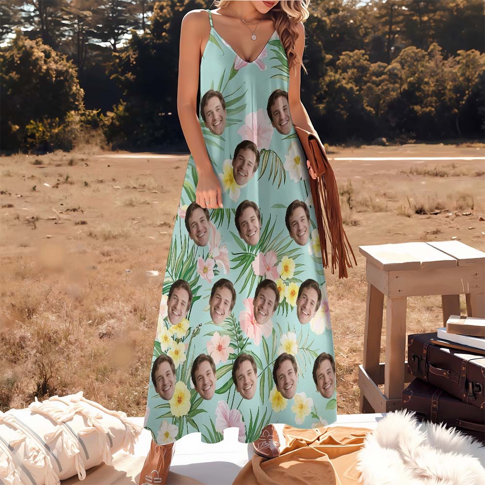 Vestido Largo Personalizado Con Flamenco De Hoja Rosa, Camisa Con Foto De Cara Personalizada Para Mujer, Atuendo De Vacaciones De Verano - MyFaceSocksES
