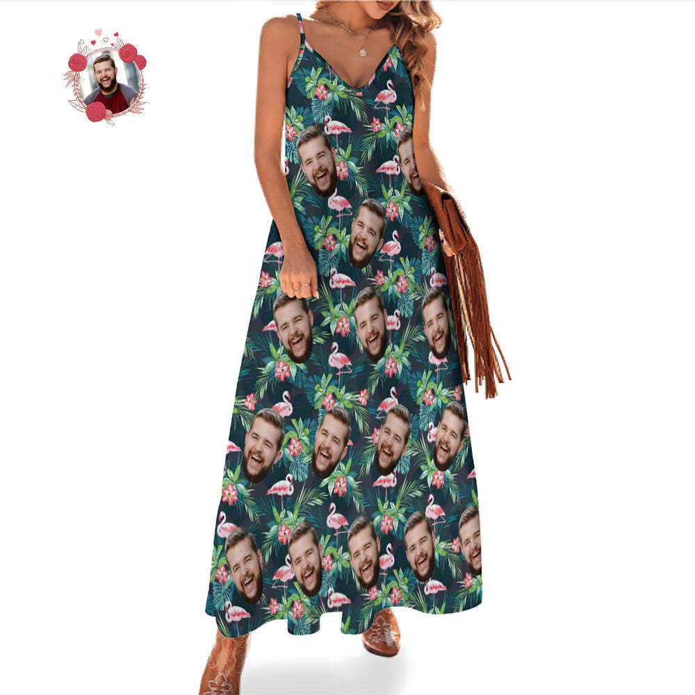 Vestido Largo De Estilo Hawaiano Con Honda De Cara Personalizada Flor De Flamenco - MyFaceSocksES