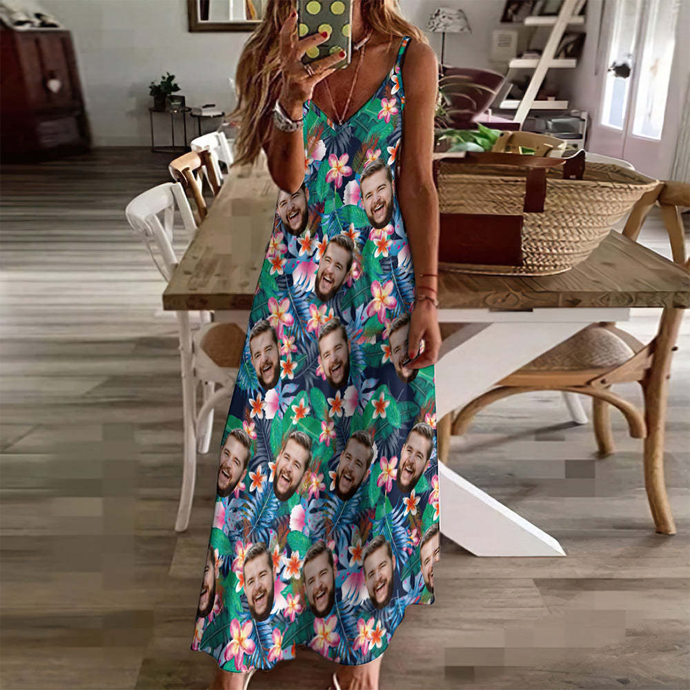 Vestido Largo De Estilo Hawaiano Con Honda De Cara Personalizada Flores De Colores - MyFaceSocksES