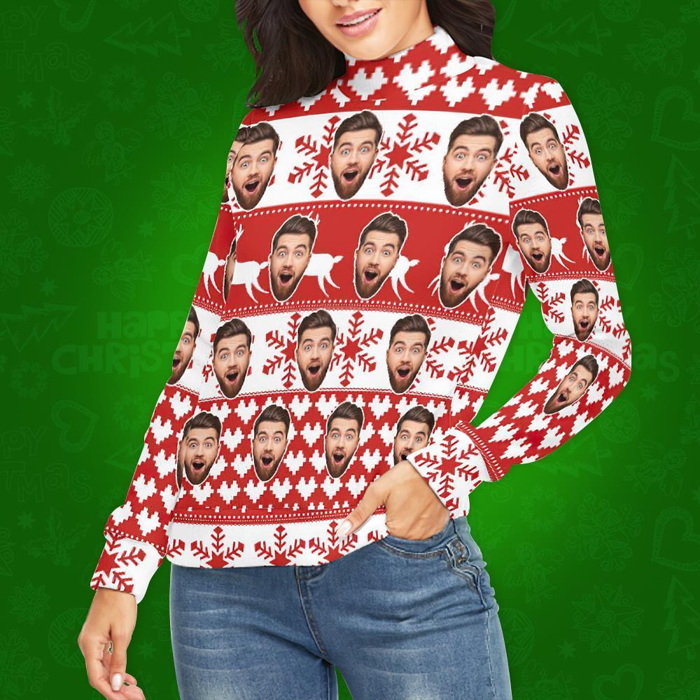 Jersey De Cuello Alto Con Cara Personalizada Para Mujer Suéter Feo De Navidad Suéteres Sueltos De Punto - Patrón Clásico - MyFaceSocksES