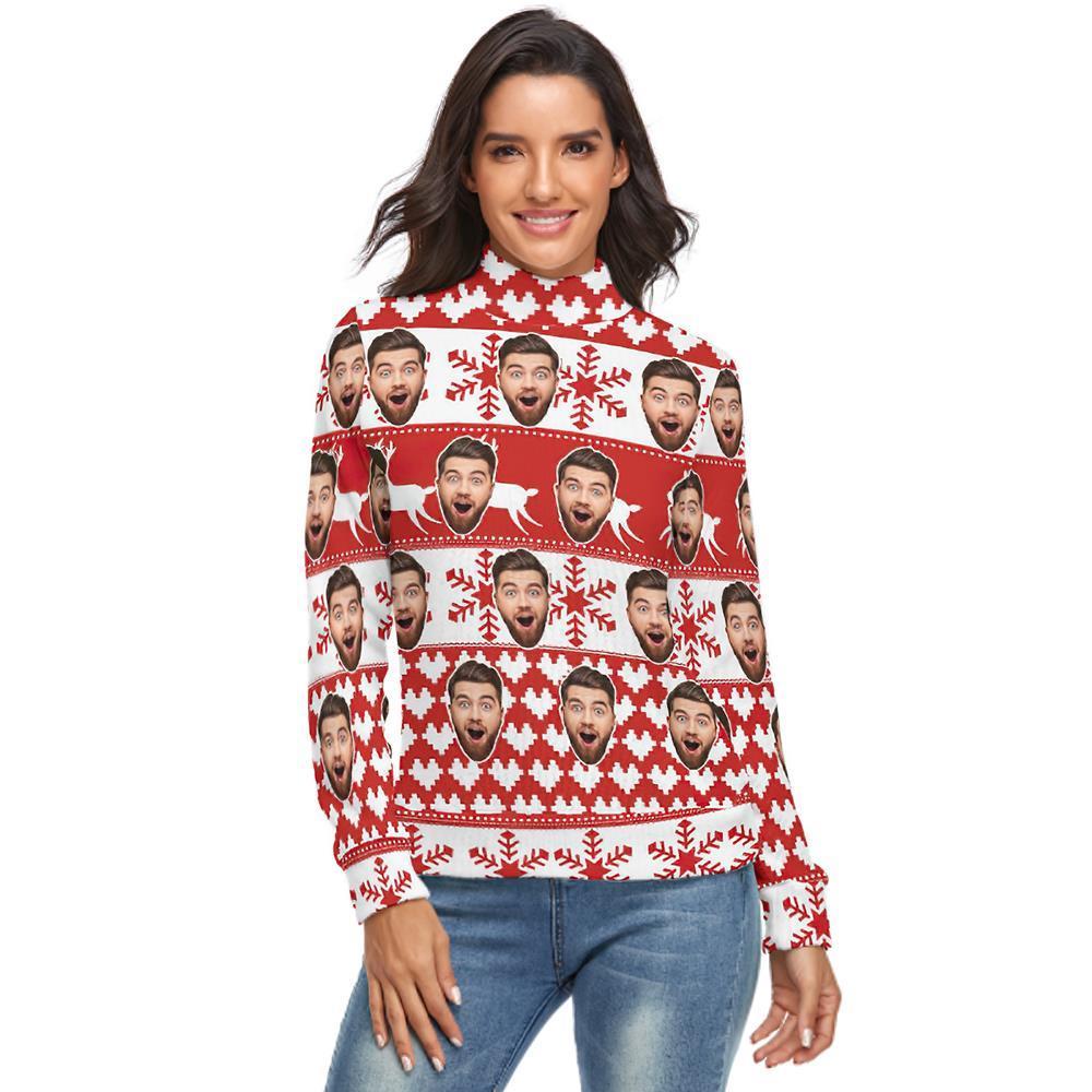 Jersey De Cuello Alto Con Cara Personalizada Para Mujer Suéter Feo De Navidad Suéteres Sueltos De Punto - Patrón Clásico - MyFaceSocksES