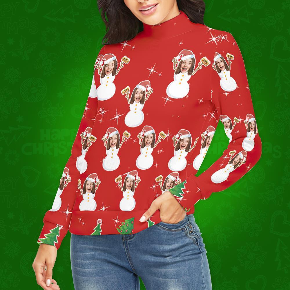 Jersey De Cuello Alto Con Cara Personalizada Para Mujer Suéter Navideño Feo Suéteres Sueltos De Punto - Snow Girl - MyFaceSocksES