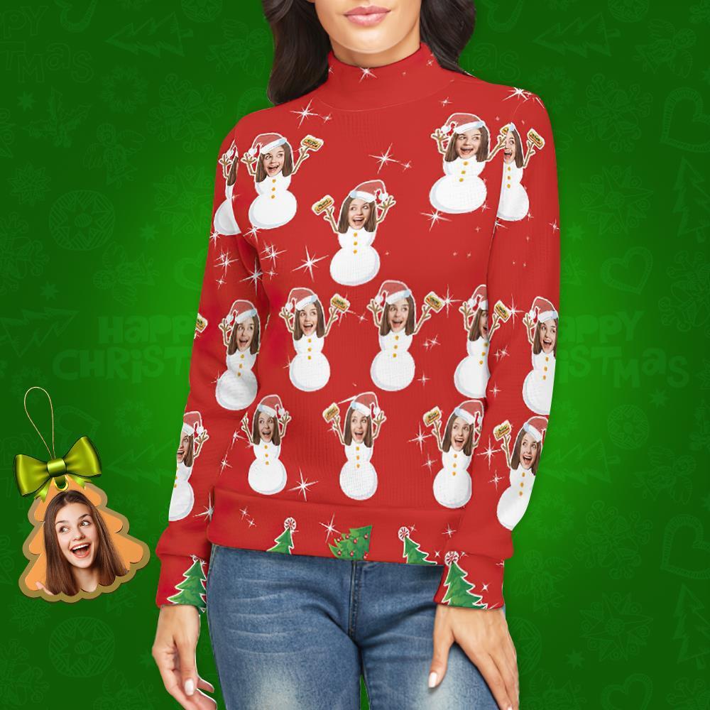 Jersey De Cuello Alto Con Cara Personalizada Para Mujer Suéter Navideño Feo Suéteres Sueltos De Punto - Snow Girl - MyFaceSocksES