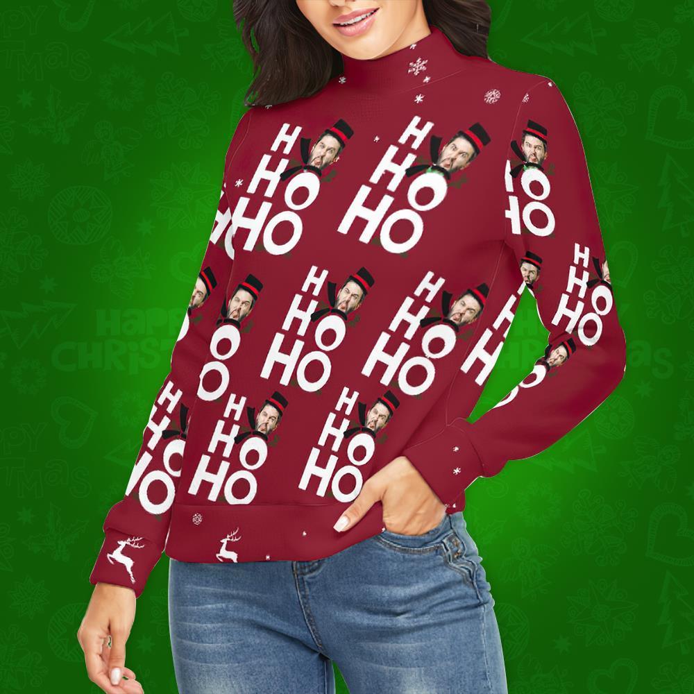 Jersey De Cuello Alto Con Cara Personalizada Para Mujer Suéter Feo De Navidad Suéteres Sueltos De Punto - Ho Ho Ho - MyFaceSocksES