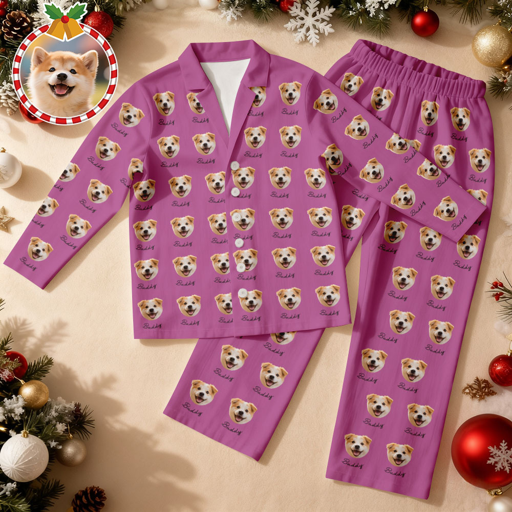 Pijama Navideño Beige Personalizado Con Cara De Mascota. Pijama De Manga Larga Personalizado Para Perro Y Gato Con Nombre. Regalo Perfecto Para Las Fiestas Para Amantes De Las Mascotas. - MyFaceSocksES
