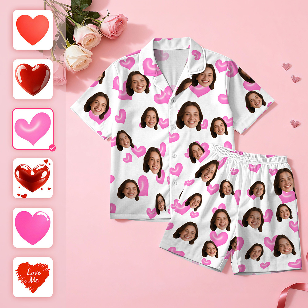 Pijama De Manga Corta Con Cara Personalizada, Ideal Como Pijama Para Parejas Con Cara De Corazón, Regalo De San Valentín Para Ella. - MyFaceSocksES