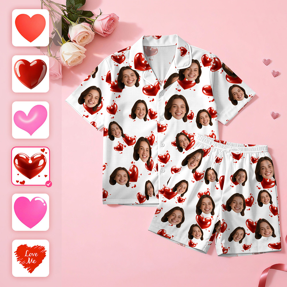 Pijama De Manga Corta Con Cara Personalizada, Ideal Como Pijama Para Parejas Con Cara De Corazón, Regalo De San Valentín Para Ella. - MyFaceSocksES