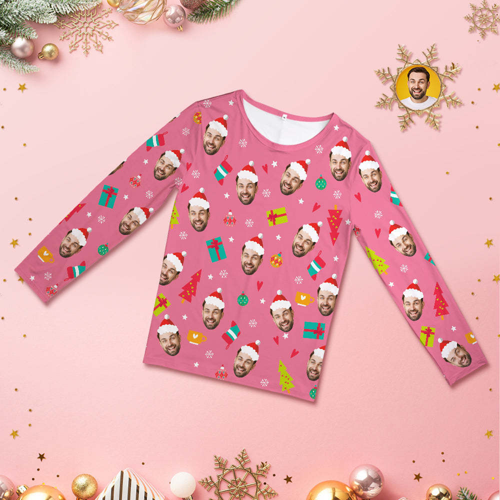 Pijamas De Color Rosa Con Cara Personalizada Pijamas De Navidad Divertidos De Cuello Redondo Personalizados Para Mujeres Y Hombres - MyFaceSocksES