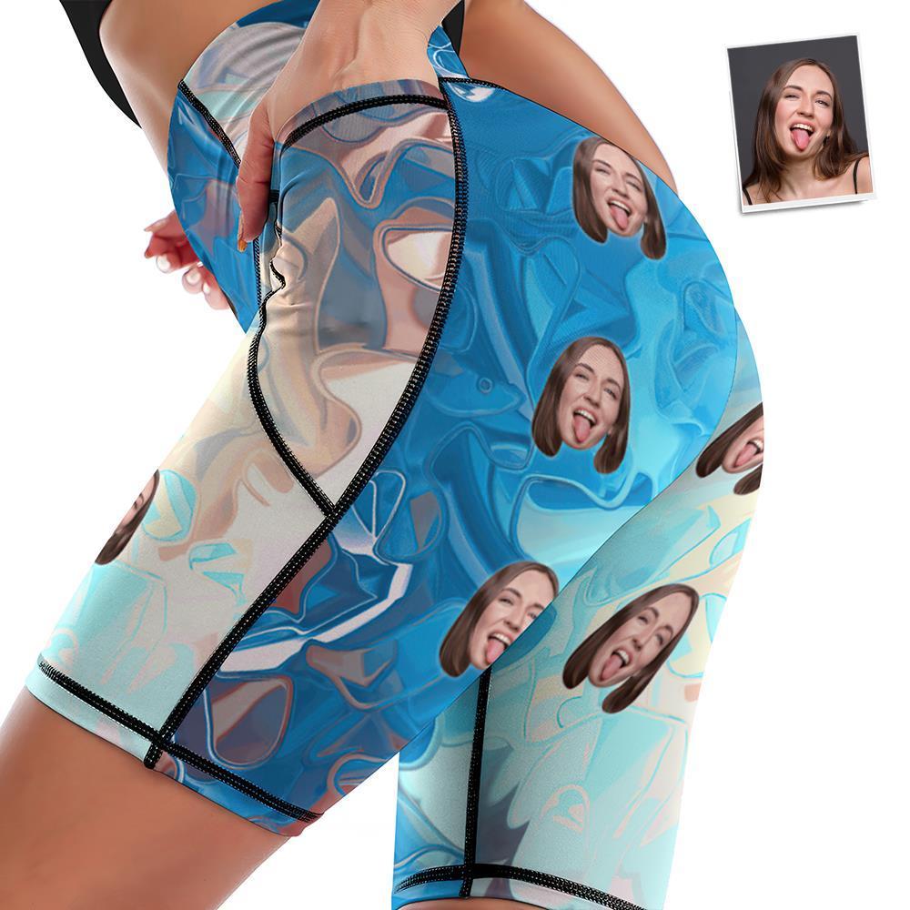 Medias Hasta La Rodilla Con Cara Personalizada Pantalones Cortos De Yoga Para Mujer Leggings Para Correr Con Bolsillos - Acuarela Azul - MyFaceSocksES