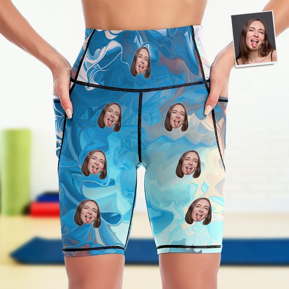Medias Hasta La Rodilla Con Cara Personalizada Pantalones Cortos De Yoga Para Mujer Leggings Para Correr Con Bolsillos - Acuarela Azul - MyFaceSocksES