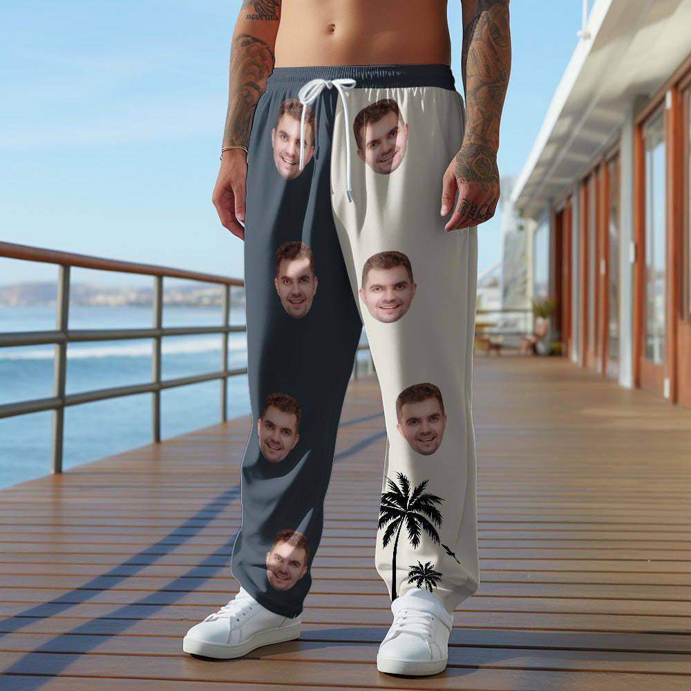 Pantalones De Chándal De Cara De Hombre Personalizados Estampado De Contraste De Patrón De Árbol De Coco Regalo Personalizado Para Él - MyFaceSocksES