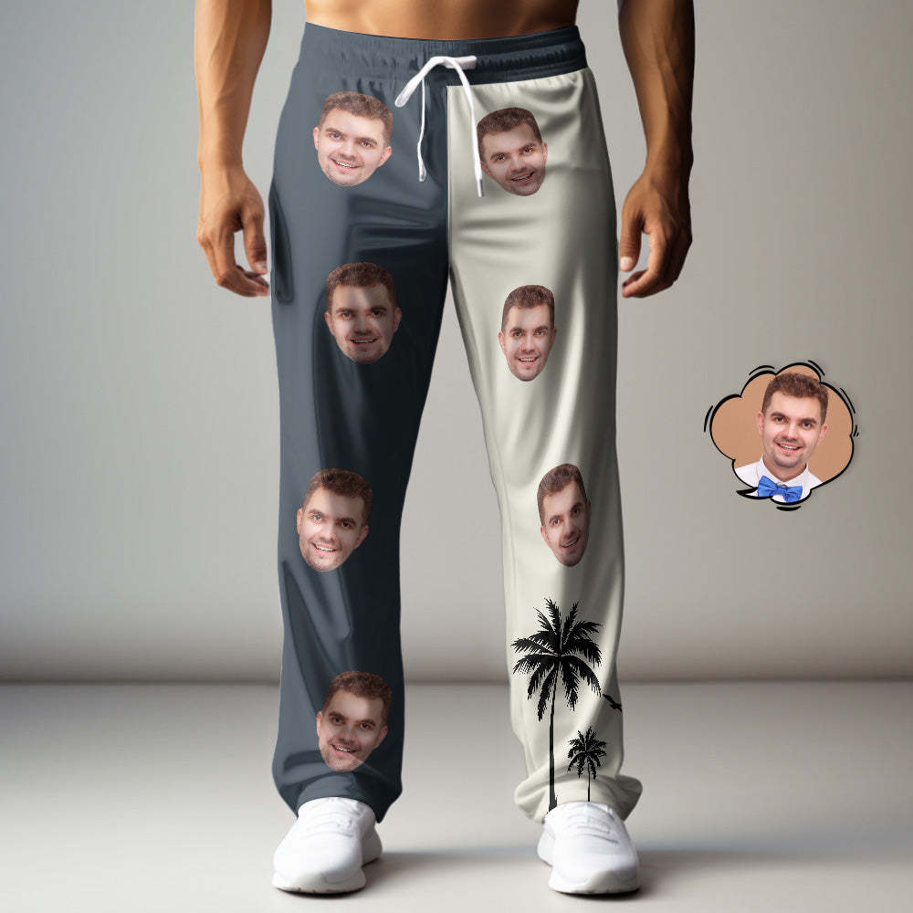 Pantalones De Chándal De Cara De Hombre Personalizados Estampado De Contraste De Patrón De Árbol De Coco Regalo Personalizado Para Él - MyFaceSocksES
